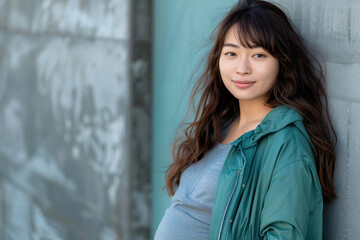 Fototapeta premium Portrait of young expecting mother asian woman touching belly generative AI