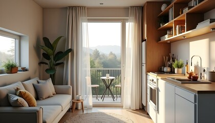 Fototapeta premium A small room in an apartment, featuring a combined kitchen and living area, designed for efficient use of space and comfort.