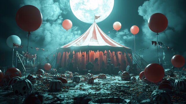 A dark and eerie circus tent illuminated by moonlight, with sinister clowns and ghoulish performers lurking in the shadows. The scene is filled with Halloween-themed decorations and offers ample copy