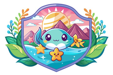 Fototapeta premium Cute Cartoon Fish with Sunset Landscape and Stars in a Shield Frame