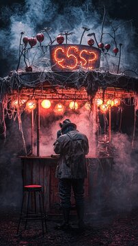 A Halloween-inspired circus ticket booth manned by a ghoulish figure, with eerie lighting and cobwebs hanging from the roof. The image includes ample copy space for customization.