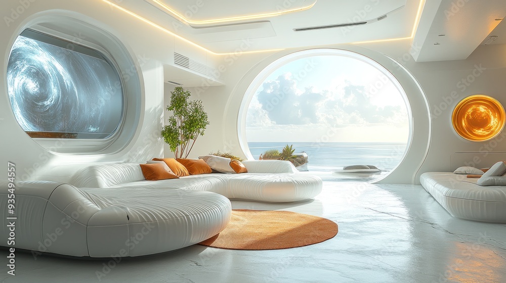 Sticker Modern Futuristic Living Room with Ocean View