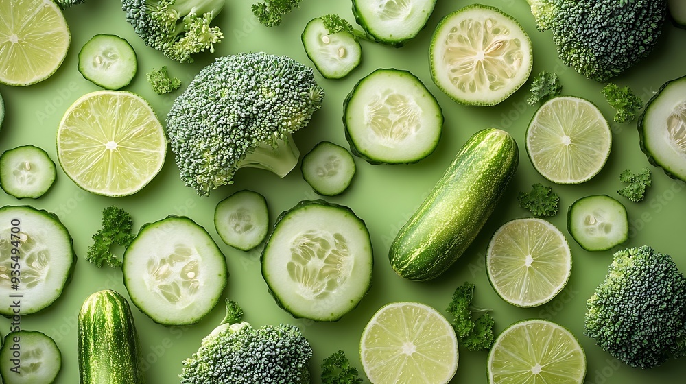 Poster Creative layout made of broccoli cucumber and lime on the green background Food concept Macro concept : Generative AI
