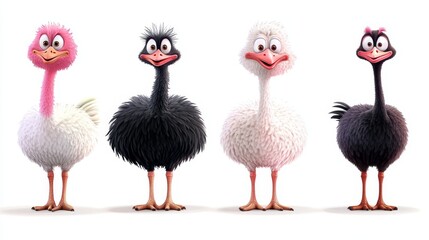 Obraz premium Four Cute Cartoon Ostriches with Different Colors