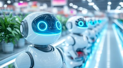 Futuristic Robots Line Up in Modern Store