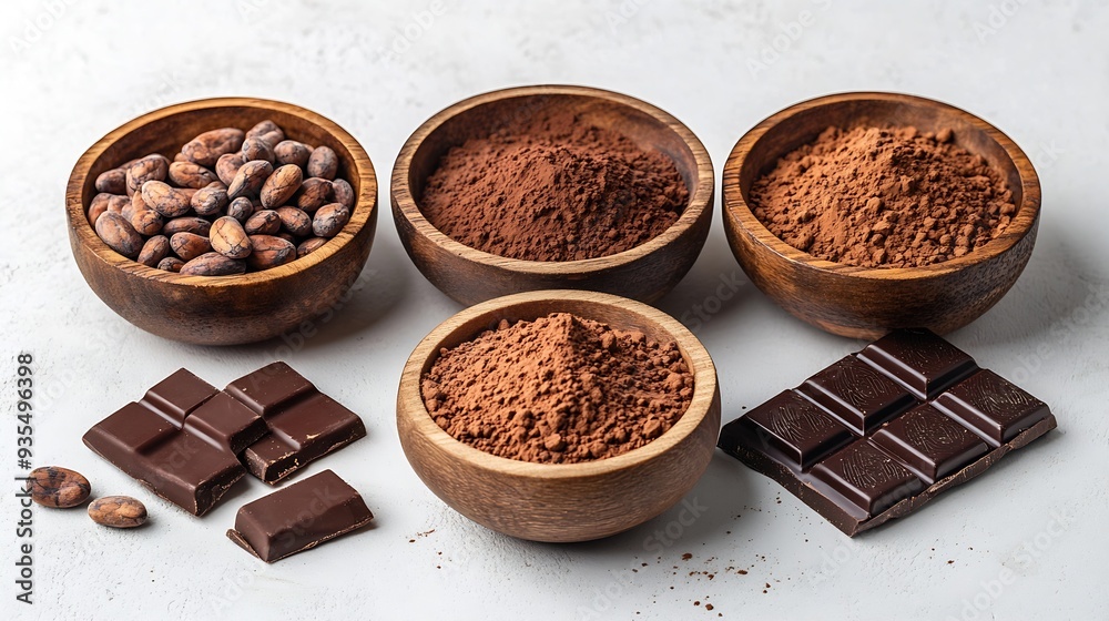 Poster chocolate ingredients in wooden bowls cocoa beans chocolate mass cocoa powder chocolate bars flat la