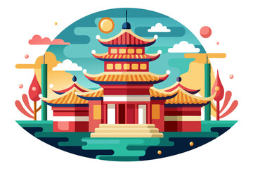 Obraz premium A Traditional Chinese Pagoda with Curved Rooftops and a Sun in the Sky