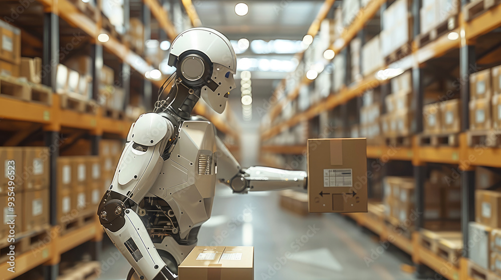 Aufkleber A robot with a strong and agile build, diligently working in a brightly lit warehouse. The robot is carefully lifting and arranging boxes. Generative AI.