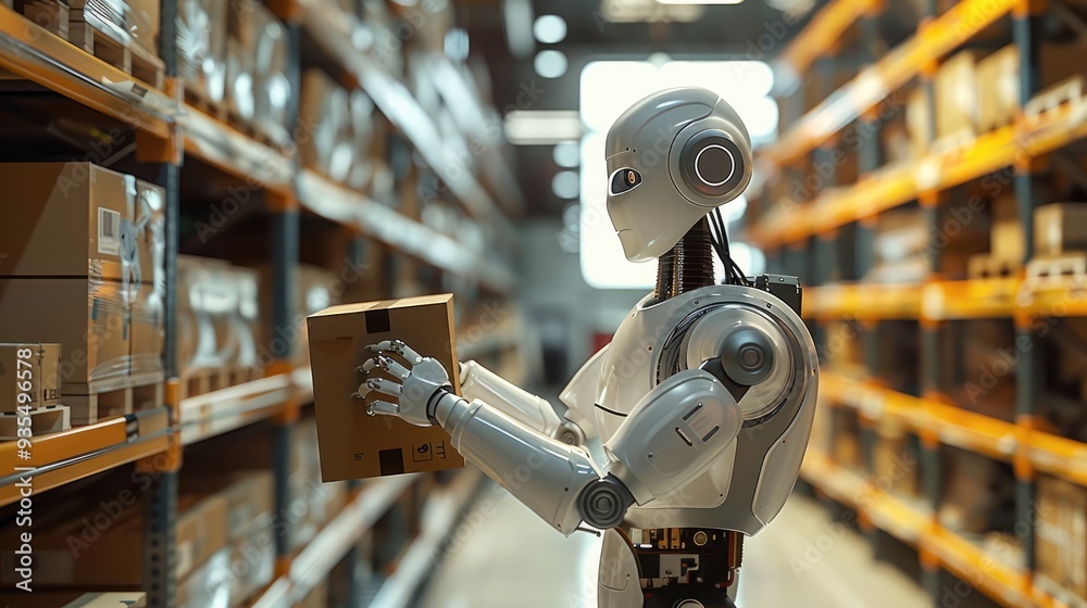 Leinwandbilder A robot with a strong and agile build, diligently working in a brightly lit warehouse. The robot is carefully lifting and arranging boxes. Generative AI.