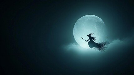 A robot dressed as a witch, riding a broomstick across a full moon in a dark sky, with spooky elements like bats and clouds, leaving plenty of copy space.
