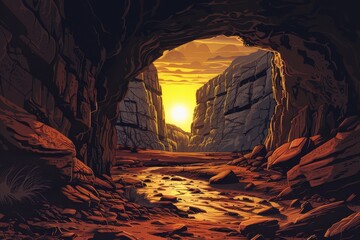 Rocky canyon landscape with setting sun and river flowing through it