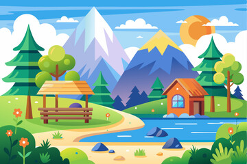 Fototapeta premium A Serene Mountain Landscape with a Small Cabin and a Lake