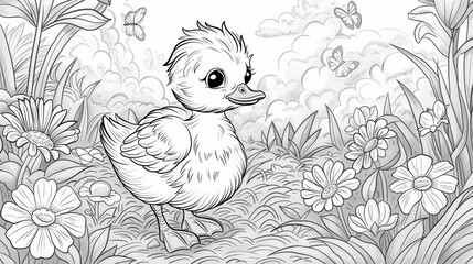 A cute duckling waddling through a meadow filled with flowers and butterflies, ideal for a fun and engaging coloring book scene.