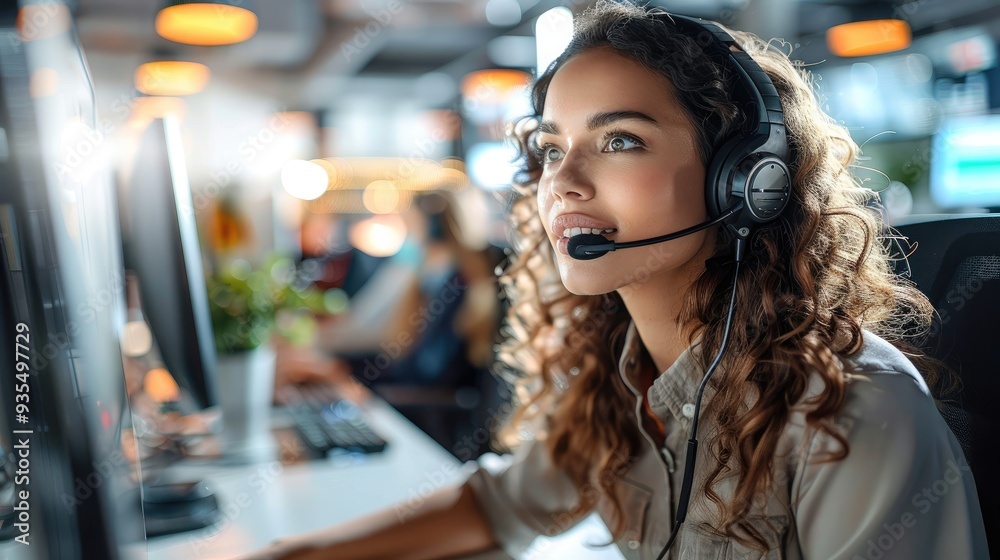 Aufkleber a woman wearing a headset at a telephone switchboard, speaking in front of her computer in a beautif
