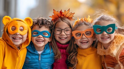 Fototapeta premium A group of kids in superhero costumes with Halloween accents huddles together, showcasing their outfits against a backdrop of fall leaves, with ample copy space for text.