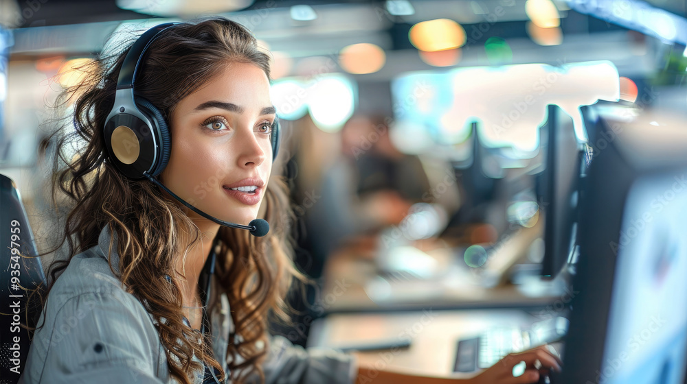 Aufkleber a woman wearing a headset at a telephone switchboard, speaking in front of her computer in a beautif