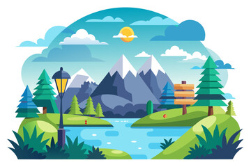 Mountainous Landscape with River, Trees, and Lamppost