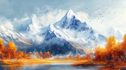 A painting of a mountain range with trees and birds, AI