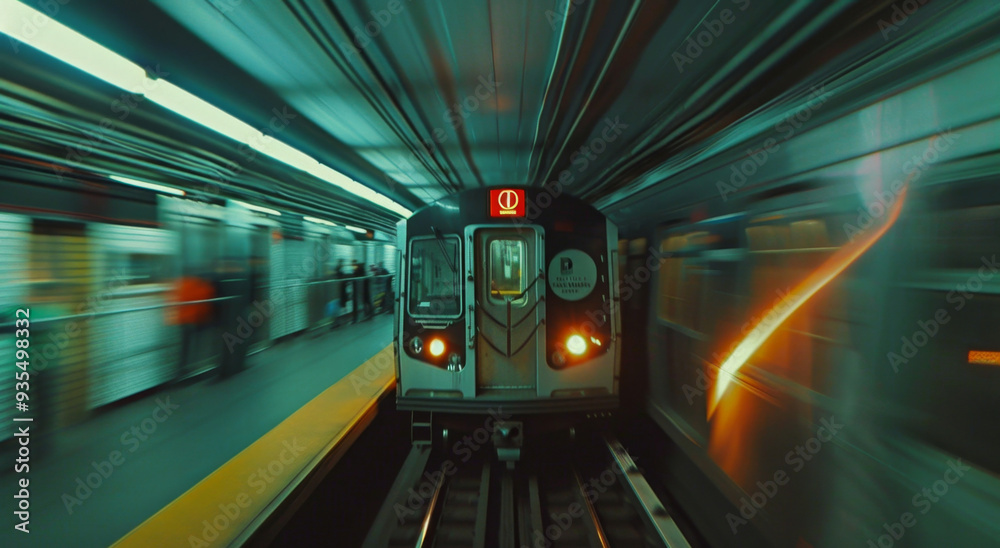 Wall mural A subway train is currently traveling through a tunnel where the number 11 proudly displays on the front of its exterior