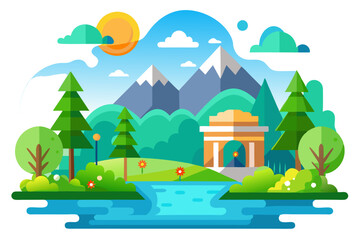 Fototapeta premium Flat Design Illustration of a Mountainous Landscape with a River and a Stone Archway