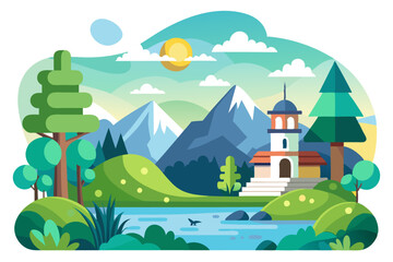 Obraz premium Picturesque Mountain Landscape with a Building and a River