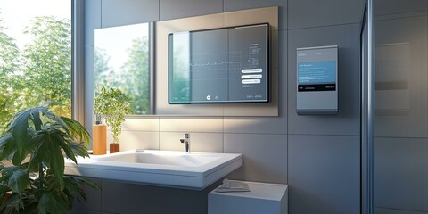 Modern bathroom with smart mirror and digital display.