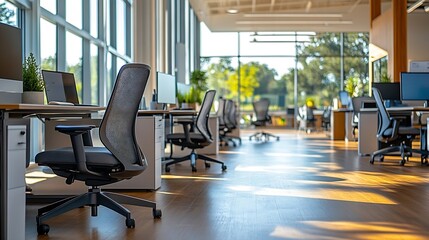 This modern office space features an open layout with sleek ergonomic office chairs and minimalist desks The room is welllit with natural light pouring in from the large windows : Generative AI