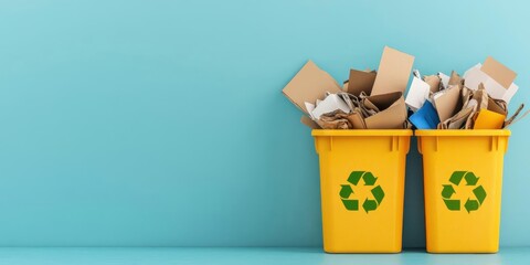 Two yellow recycling bins filled with cardboard and paper waste against a blue wall, promoting environmental sustainability.