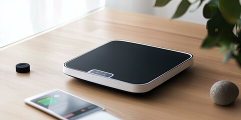 A black and white device on a wooden surface.