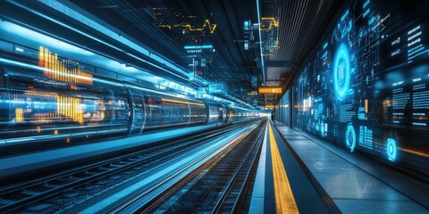Futuristic train station with digital displays.