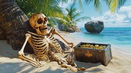 Pirate Skeleton Resting Against Palm Tree with Buried Treasure Chest - Spooky Nautical Scene on Deserted Island