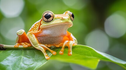 Fototapeta premium Tree frog on branch Gliding frog Rhacophorus reinwardtii sitting on branch Javan tree frog on green leaf Indonesian tree frog : Generative AI