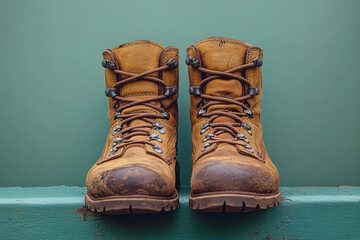 A pair of hiking boots, isolated on a pastel green background, representing the journey and exploration of independence,