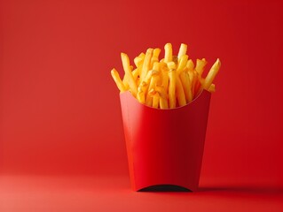 Glowing Neon French Fries in Vibrant Red Container Junk Food Concept with Copy Space