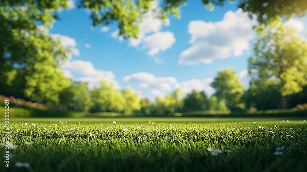 Aufkleber Beautiful blurred background image of spring nature with a neatly trimmed lawn surrounded by trees against a blue sky with clouds on a bright sunny day : Generative AI