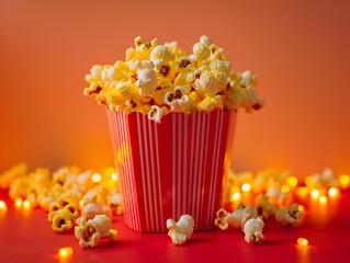 Glowing Neon Popcorn in Bright Red Container Junk Food Concept with Copy Space