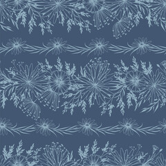 Seamless floral pattern. Hand drawn line art ornaments on blue background. Simple minimalistic vector contour graphics.