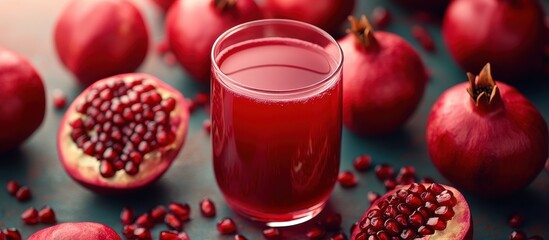 Fresh Pomegranate Juice in a Glass Surrounded by Whole and Halved Pomegranates on a Dark Background