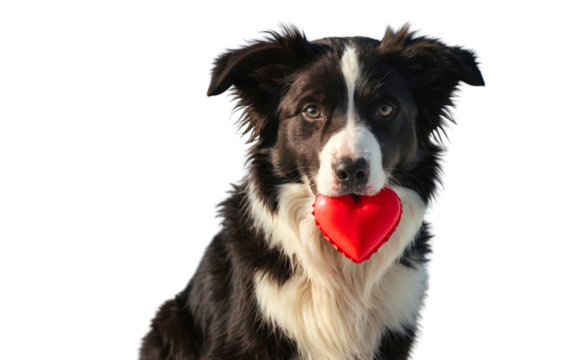 photo of cute puppy dog border collie holding red heart in mouth
