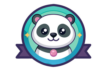 Fototapeta premium Cute Cartoon Panda with Pink Gemstone in a Circular Frame with a Ribbon