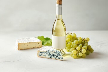 bottle of white wine surrounded by grapes and cheese on a light gray background, front view