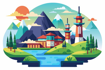 Naklejka premium Mountain Landscape with Buildings, River, and Sunset