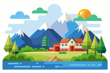 Fototapeta premium A House in the Mountains with a River and Trees