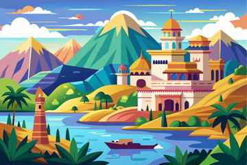 A Majestic Palace Nestled Among Mountains and a Winding River