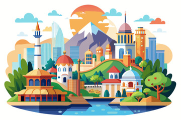 A Cityscape with Buildings, Trees, and a Mountain in the Background