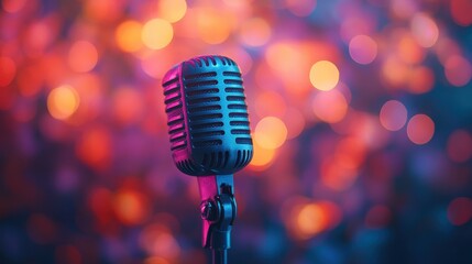 Retro Microphone with Colorful Bokeh Background for Music and Entertainment Themes