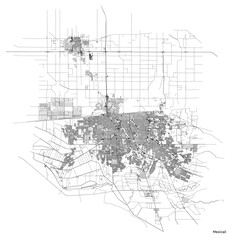 Naklejka premium Mexicali city map with roads and streets, Mexico. Vector outline illustration.