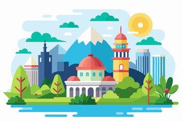 Cityscape with Buildings, Mountain, Park and River