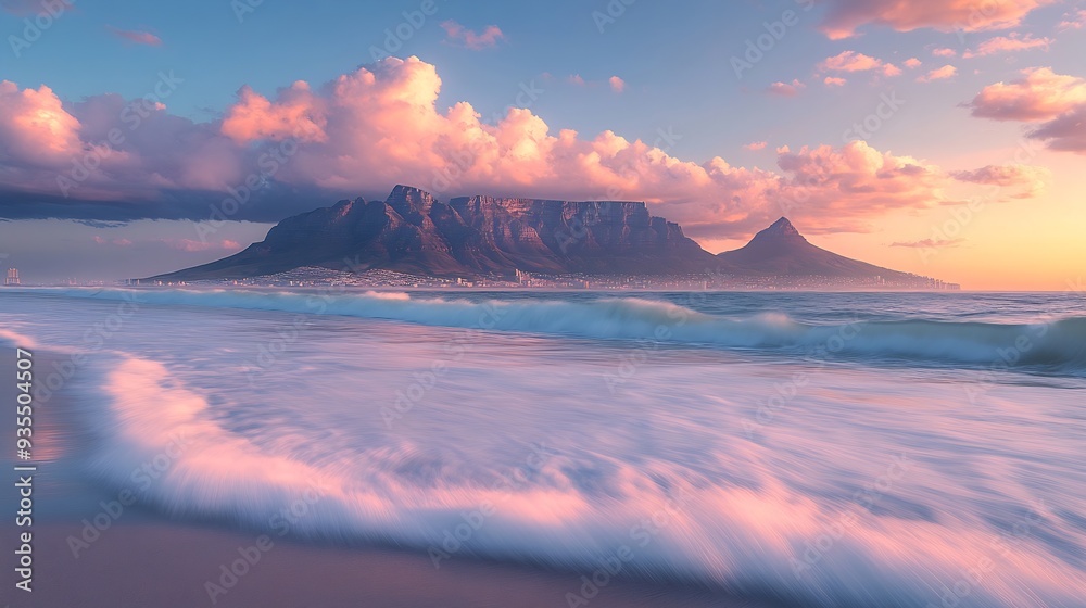Aufkleber table mountain at sunset from blouberg beach with waves rolling in : generative ai