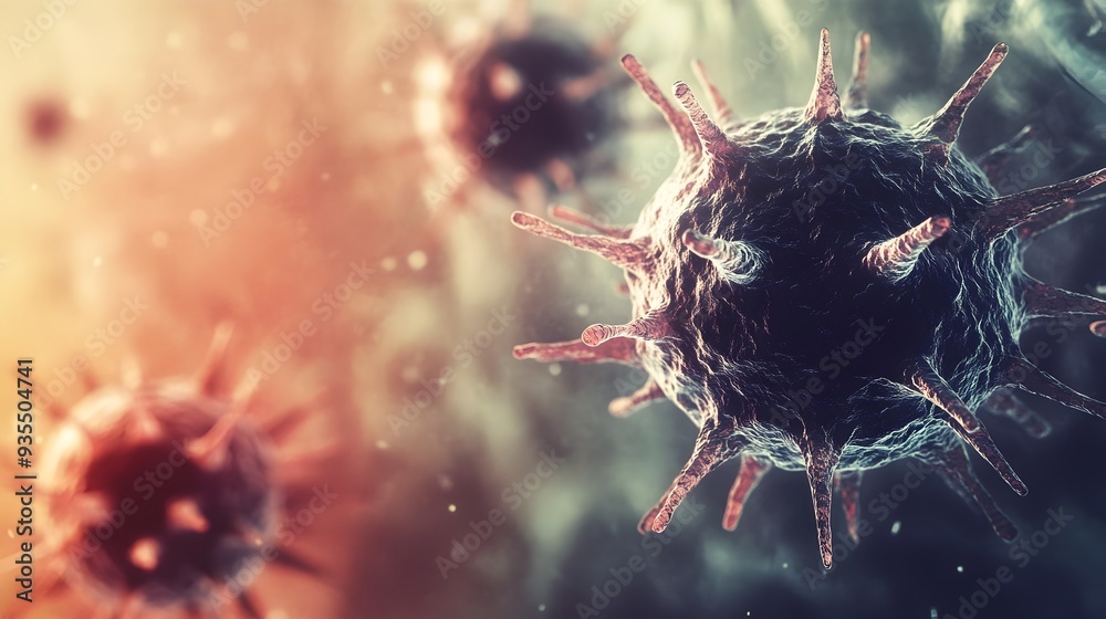 Aufkleber close up view of a monkeypox virus cell with intricate textured surfaces surrounded by a muted gradi